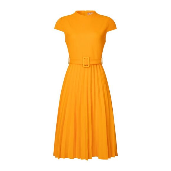 Hobemty Dresses & Skirts - Pleated Dress Mock Neck Cap Sleeve Belted A-Line Dresses Yellow